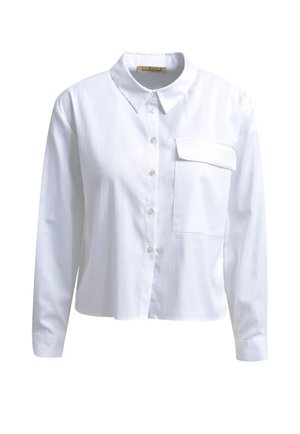 White button-up shirt with a collar, long sleeves, and a single chest pocket. Smooth fabric with a classic design, cropped length.