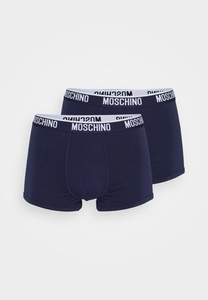 Navy cotton boxer briefs with white elastic waistband featuring "MOSCHINO" logo. Smooth texture, fitted design, and mid-thigh length.