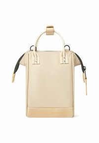 Beige strukturierte Tasche mit zwei oberen Griffen, einem Reißverschluss und einem soliden Boden. Akzente sind ein schwarzer Reißverschluss und braune Lederbesätze.