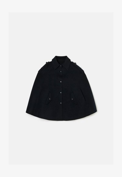 Black wool cape with a collared neckline, front button closure, two front pockets, and decorative buttons on shoulders.
