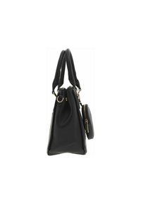 Sac à main en cuir noir avec une finition texturée, doté de doubles poignées, d'accents en métal doré et d'une petite pochette détachable.