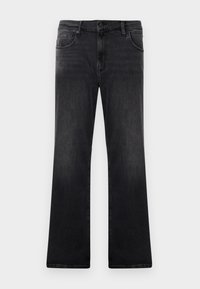 Jeans in denim nero a gamba svasata con una texture liscia, dotati di cinque tasche e chiusura con bottone, che mostrano una finitura sbiadita.