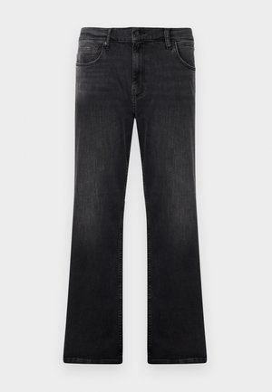Schwarze Jeans aus Denim mit ausgestelltem Bein und glatter Textur, ausgestattet mit fünf Taschen und einem Knopfverschluss, der einen verblassten Look zeigt.