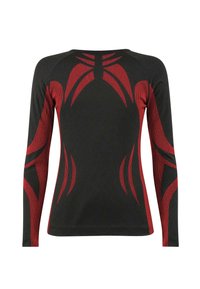 Long-sleeve athletic shirt made of black fabric with red geometric patterns and accents, featuring a fitted design and textured surface.