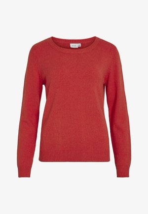 Röd stickad tröja med rund halsringning, långa ärmar och ribbad mudd och nederkant. Medelhård textur, avslappnad passform, inga mönster eller detaljer.