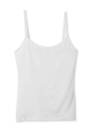 Débardeur blanc avec des bretelles fines, en tissu lisse. Doté d'un col rond et d'un ourlet droit. Design simple et minimaliste.