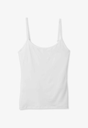 Débardeur blanc avec des bretelles fines, en tissu lisse. Doté d'un col rond et d'un ourlet droit. Design simple et minimaliste.