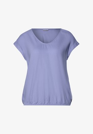 Ronde hals, korte mouwen top in licht lavendel. Zachte, gladde stof met een gerimpelde elastische zoom. Eenvoudig ontwerp, zonder patronen of accenten.