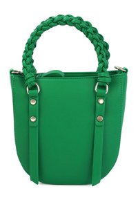 Groene leren handtas met een gevlochten handvat, voorzien van zilverkleurige hardware, twee zijbanden en een gladde textuur. Ronde vorm, open bovenkant.