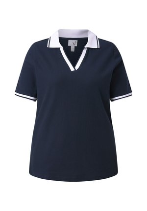 Polo de manga corta azul marino con cuello blanco y escote en V que presenta ribete a rayas blancas y negras en el cuello y los puños de las mangas.