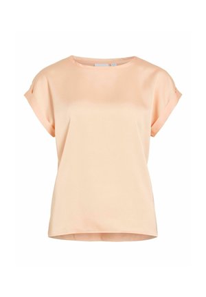 Blusa de manga corta color melocotón claro con puños doblados, escote redondo y dobladillo recto, mostrada sobre fondo blanco.