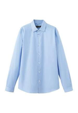 Light blue long-sleeve button-up shirt with white vertical pinstripes and a classic collar, displayed on a white background.