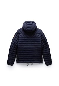Tums zila puffer jaka ar horizontālu quilted rakstu, kapuci un regulējamu apakšmalu. Mīksts, sintētisks materiāls ar minimālu detalizāciju.