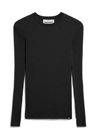 Schwarzer, langärmeliger, gerippter Strickpullover mit Rundhalsausschnitt und einem kleinen Markenetikett am unteren linken Rand. Weicher Stoff und taillierte Form.