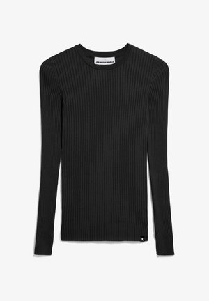 Pull en tricot côtelé noir à manches longues avec un col rond et une petite étiquette de marque en bas à gauche. Texture douce et coupe ajustée.