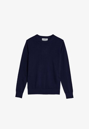 Marineblauwe ronde hals trui gemaakt van zacht materiaal, met lange mouwen en een ribbelrand. Eenvoudig, minimalistisch ontwerp zonder patronen of accenten.