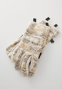 Gants en polaire avec un motif géométrique beige et marron, portant un logo Columbia, des bandes de poignet ajustables et une texture douce.