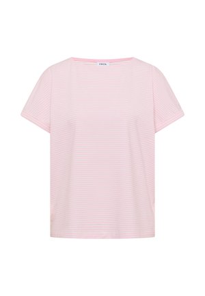 Chemise rose claire à manches courtes avec de fines rayures blanches horizontales et un col rond, étiquetée « CECIL » à l'intérieur du col.