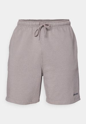 Pantaloni corti in cotone grigio chiaro con vita elasticizzata e cordoncino. Presentano orlo cucito e un piccolo logo sulla gamba sinistra.