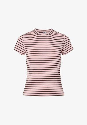 T-shirt rose à rayures avec des manches courtes, présentant des rayures horizontales marron, un col rond et une texture en coton doux.