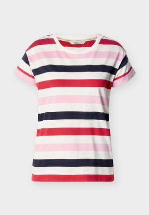 Bavlněné tričko s krátkými rukávy, zdobené vodorovnými pruhy v námořnické modři, červené, růžové a bílé barvě. Kulatý výstřih, volný střih, měkká textura.