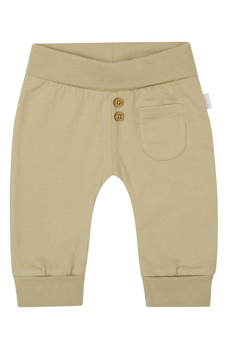 Hellbeige Baumwollhose für Kleinkinder mit einem gerippten Bund, zwei Holzknöpfen und einer einzelnen Gesäßtasche. Am Knöchel umgeschlagen.