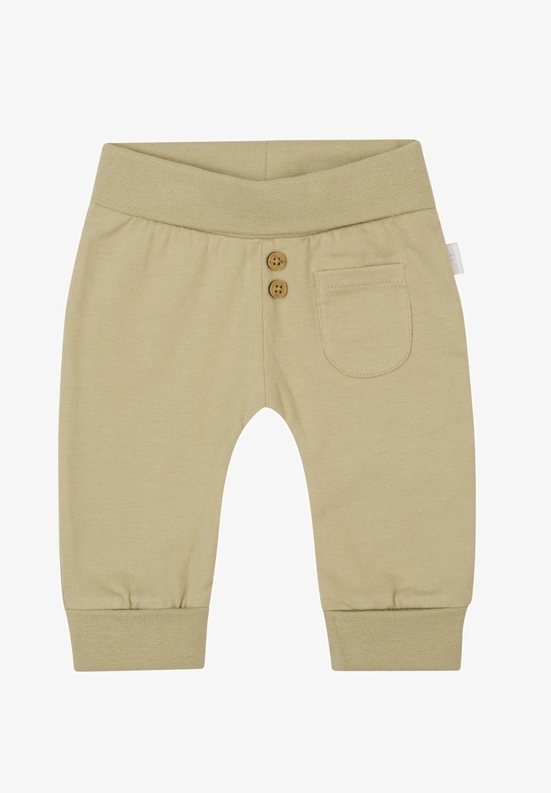 Hellbeige Baumwollhose für Kleinkinder mit einem gerippten Bund, zwei Holzknöpfen und einer einzelnen Gesäßtasche. Am Knöchel umgeschlagen.