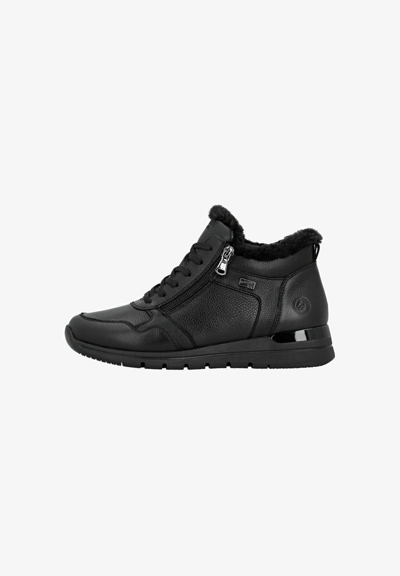 Bottine en cuir noir avec fermeture éclair latérale, lacets à l'avant, col rembourré avec doublure en fourrure, et semelle en caoutchouc conçue pour un usage décontracté.