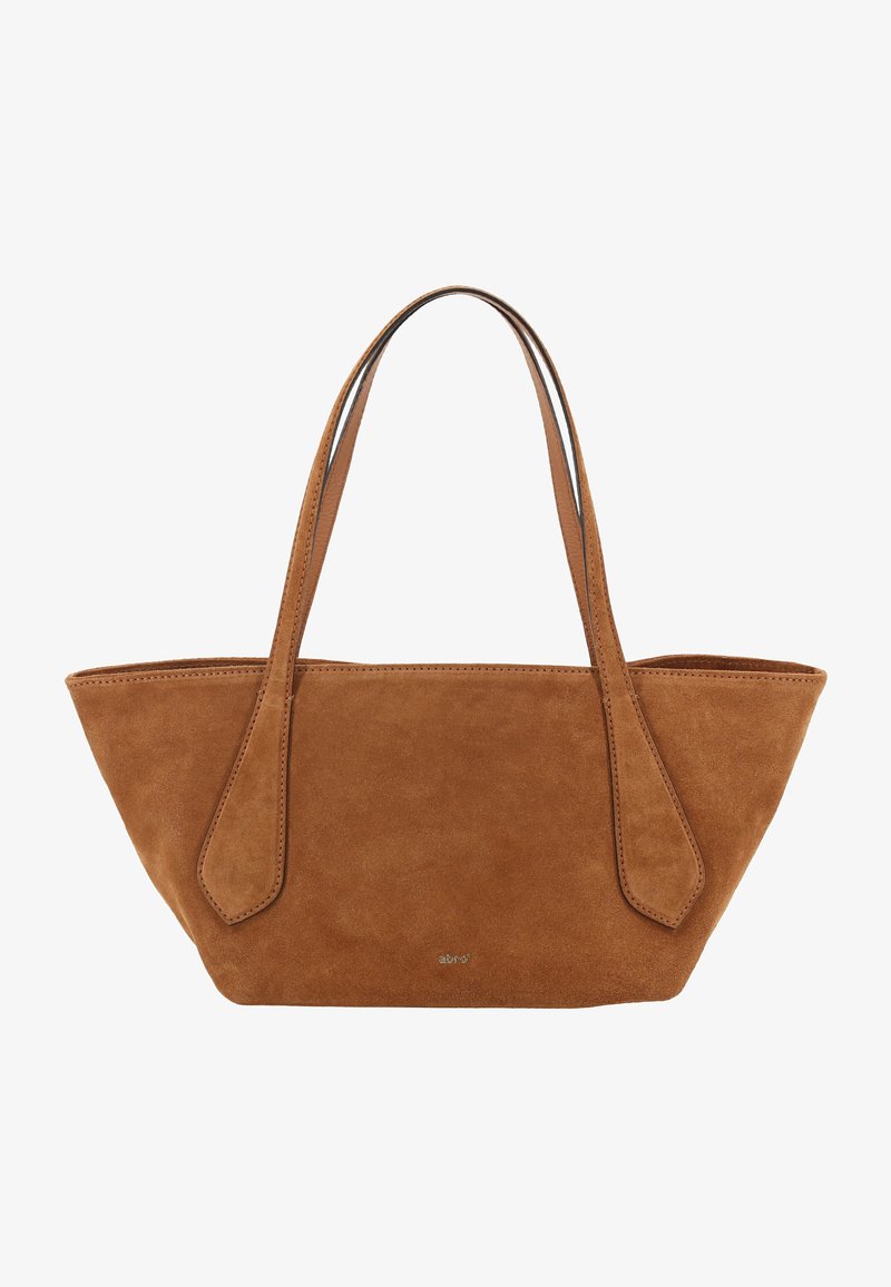 Braune Wildleder-Shoppertasche mit verjüngter Basis, zwei langen Griffen und einer glatten, weichen Textur. Sie zeichnet sich durch ein minimalistisches Design ohne sichtbare Metallteile aus.