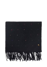 Czarny wełniany szal z kolorowym wzorem w kropki, frędzlami na końcach i małym złotym logo przy jednym rogu, rozłożony na białym tle.