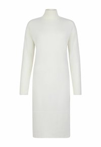Weißen Strickkleid mit hohem Kragen, langen Ärmeln und gerippten Akzenten an den Manschetten und dem Saum. Weiche Textur und gerade Silhouette.