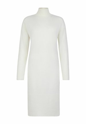 Robe en tricot blanche avec un col haut, des manches longues et des accents côtelés aux poignets et à l'ourlet. Texture douce et silhouette droite.