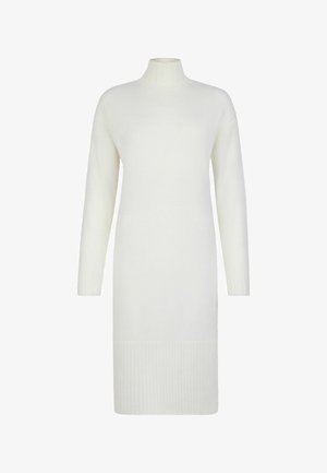 Biała dzianinowa sukienka z wysokim dekoltem, długimi rękawami i prążkowanymi wykończeniami przy mankietach i dolnym brzegu. Miękka tekstura i prosta sylwetka.
