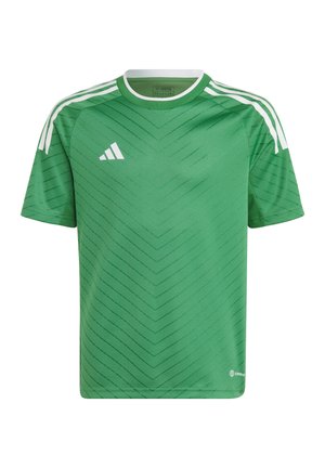 Green short-sleeve jersey made of breathable fabric. Features a textured chevron pattern and white stripes on the shoulders.