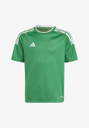 Maillot à manches courtes vert en tissu respirant. Présente un motif chevron texturé et des rayures blanches sur les épaules.