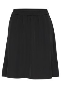 Jupe noire avec une taille élastique, design plissé et texture lisse. Flotte doucement jusqu'à la longueur du genou, avec une finition de bord simple.