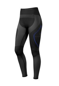 Schwarze Sportleggings mit hohem Bund, blauen Akzenten und strukturierten Einsätzen. Hergestellt aus flexiblem, feuchtigkeitsableitendem Material.