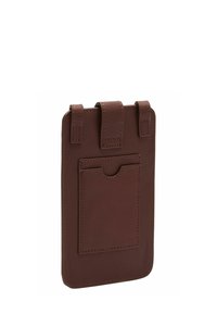 Étui pour téléphone en cuir marron avec poche avant pour cartes et trois boucles pour fixer à une ceinture, présenté sur un fond blanc.
