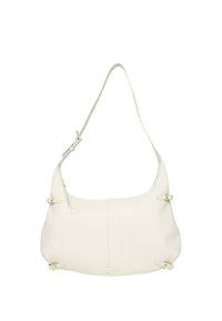 Borsa a spalla in pelle bianca con forma curva, tracolla regolabile e dettagli in metallo dorato. Texture liscia e dettagli di cucitura sottili.