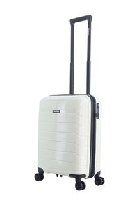 Hartschalen-Handgepäckkoffer in Creme mit strukturierten Streifen, einem schwarzen Reißverschluss, einem doppelten, ausziehbaren Griff und vier Rollen für einfache Mobilität.