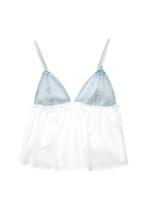 Denim and white cotton blend top with a ruffled hem, triangular neckline, and thin adjustable straps. Light blue and white color contrast.