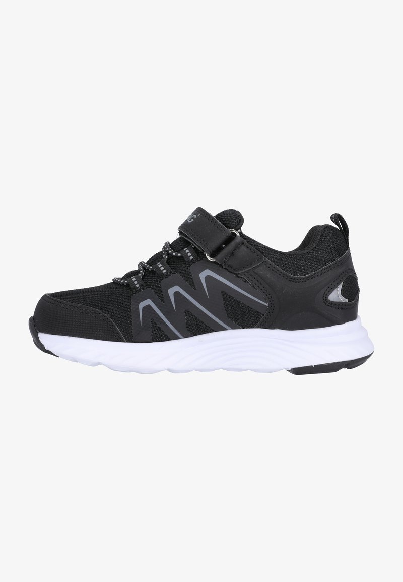 Black athletic shoe with gray accents, mesh upper, adjustable strap, and white outsole. Features a cushioned sole for comfort.