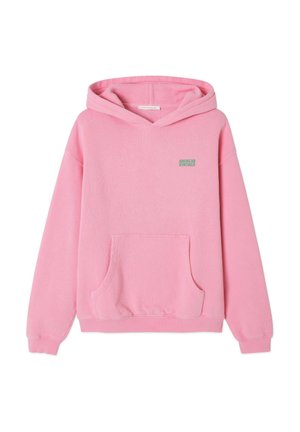 Pink hoodie made of soft fabric with a kangaroo pocket. Features a green "AMERICAN VINTAGE" logo on the chest and a cozy hood.