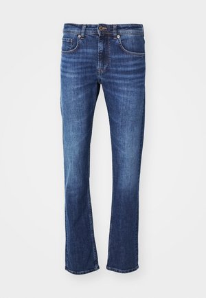 Blaue Denim-Jeans mit geradem Schnitt, ausgestattet mit einem Reißverschluss und Knopfverschluss, fünf Taschen und subtiler Ausbleichung an den Oberschenkeln.