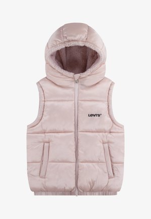 Chaleco acolchado rosa con capucha, diseño de rombos, cremallera frontal y forro de felpa suave. Presenta dos bolsillos laterales y un logo visible en la parte frontal.