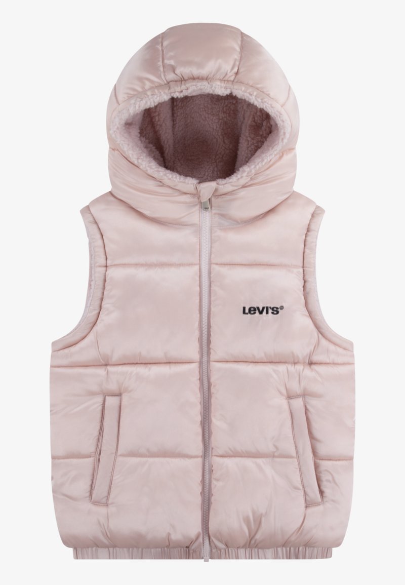 Pink puffer vest with a hood, quilted design, front zipper, and soft fleece lining. Features two side pockets and a visible logo on the front.