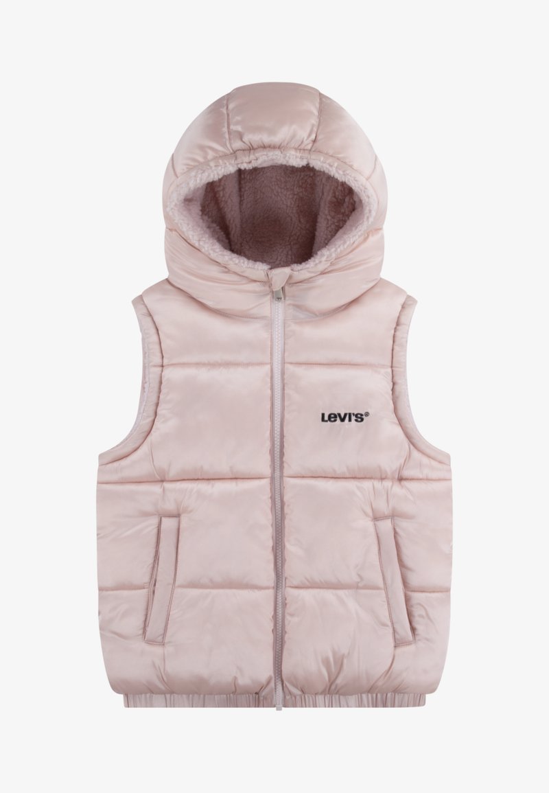 Rosa Puffer-Weste mit Kapuze, gestepptem Design, Frontreißverschluss und weichem Fleece-Futter. Mit zwei Seitentaschen und sichtbarem Logo auf der Vorderseite.