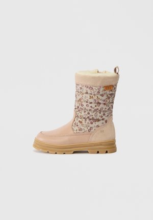 Botas de inverno rosa claro com tecido floral acolchoado, forro de pele falsa, sola de borracha resistente e aba na parte de trás.