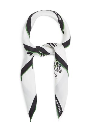 Biały prostokątny szalik z czarnymi i zielonymi obwódkami, abstrakcyjnymi czarnymi wzorami linii oraz napisem "KARL LAGERFELD" na krawędziach.