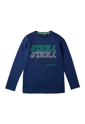 Marineblauw shirt met lange mouwen met driemaal "O'NEILL" gedrukt in groen, wit en zwart, en daaronder in kleine groene letters "CALIFORNIA USA".